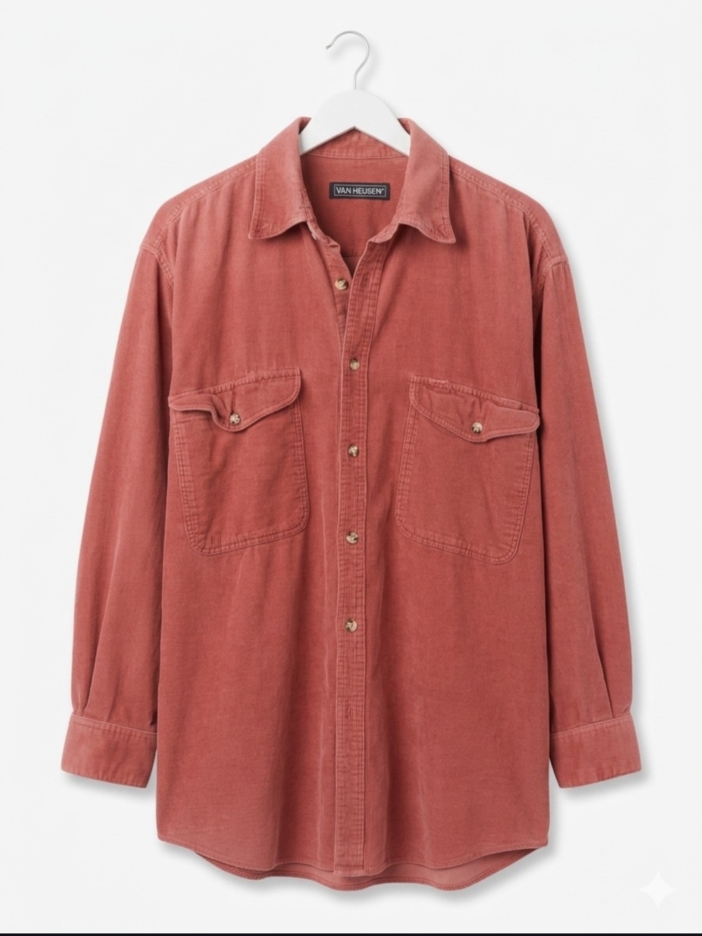 Vintage Unisex Van Heusen Corduroy Faded Pink Red Long-Sleeve Button-Down Shirt